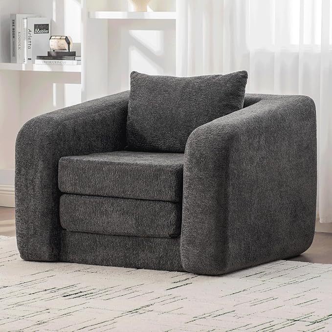 Convertible Sofa Bed Chenille Upholstered Pull Out Sofa Bed with Pillows 2-in-1 Sofa Chair with Minimalist Design Comfy Folding Mattress Couch for Apartment (Gray Single Sofa Bed)