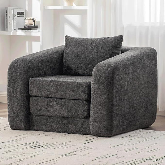 Convertible Sofa Bed Chenille Upholstered Pull Out Sofa Bed with Pillows 2-in-1 Sofa Chair with Minimalist Design Comfy Folding Mattress Couch for Apartment (Gray Single Sofa Bed)