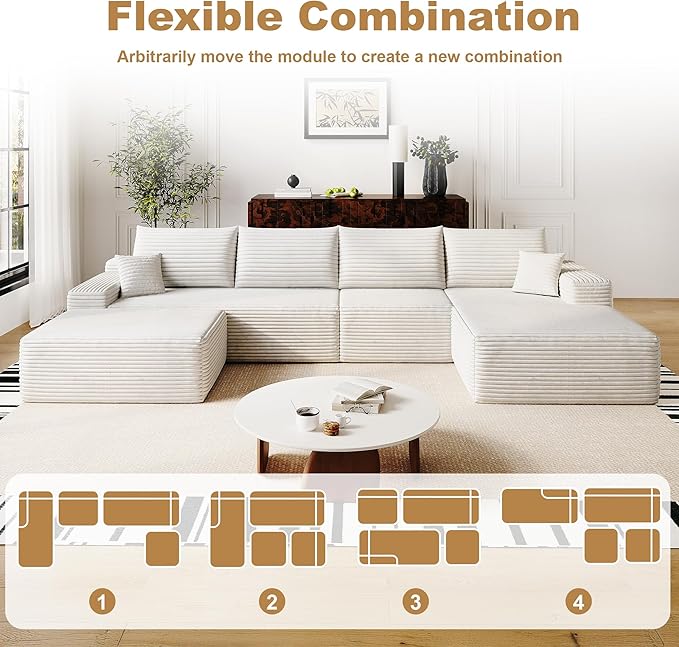 136 Sectional Couches for Living Room Modern Modular Sofa with L-Shape Couchs Upholstered Boneless Couch Deep Seat Sectional Couch with Chaise (White Right Facing Chaise+3Seaters+Ottoman)
