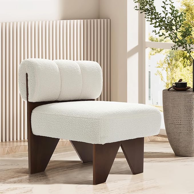 LuxenHome Upholstered Accent Chair White Modern Cozy and Soft Armless Chair with Solid Wood LegsSoft Padded Cushion Chair Suitable for Living Room Bedroom Reception Room Office
