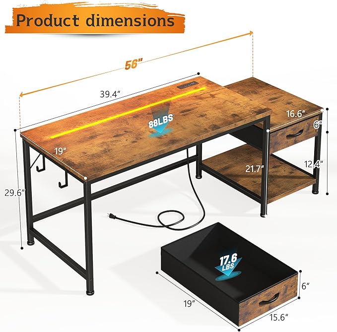 56 Inch Computer DeskReversible Office Desk with LED Lights &amp Power OutletsWriting Desk with Wide Tabletop for StudyWritingDesk with Drawers &amp Printer Shelf for StorageCraftRustic Brown