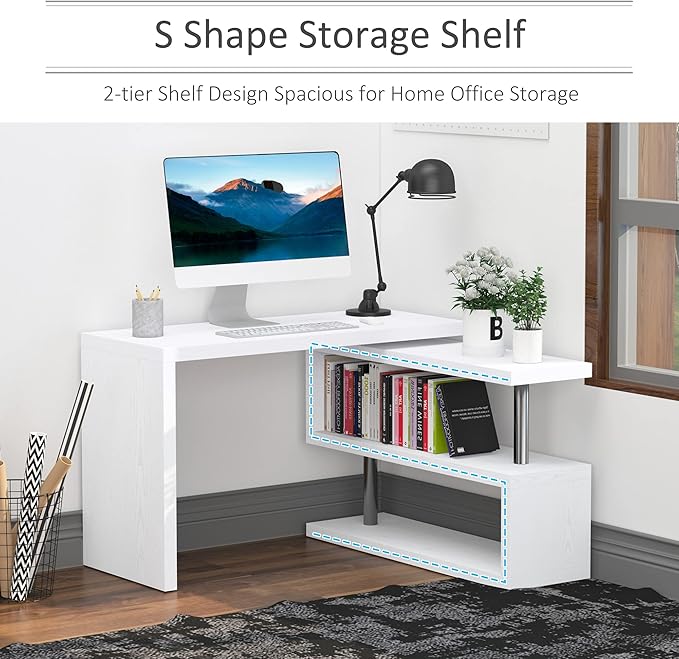 360 Degree Rotating Corner Computer Desk L Shaped Desk Home Office Workstation with 3 Tier Storage Shelves White