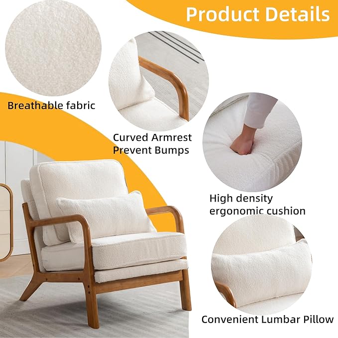 Mid-Century Modern Accent Chair Lounge Reading Armchair with Comfy Cushion &amp Lumbar Pillow &amp Solid Wood Frame for Living RoomBedroomGuest RoomSherpa FabricCreamWhite