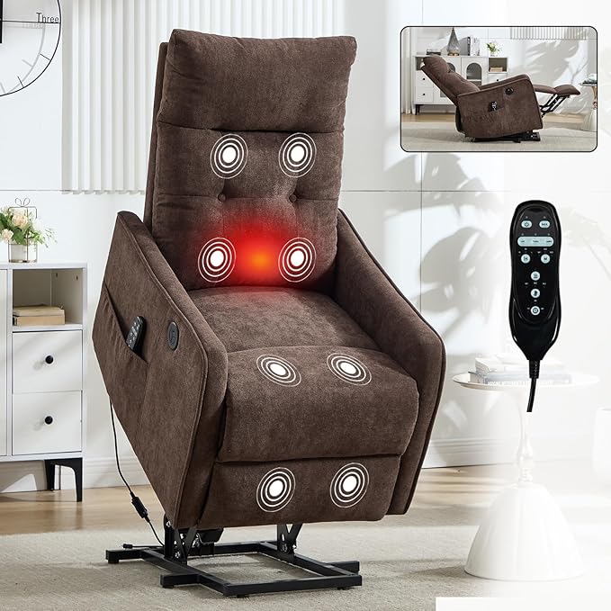 Small Power Lift Chair Recliner for Elderly Petite Power Recliner Chair with Massage and Heat | USB | High Back | Push Button | Side Pockets Liviing Room Easy Assembly (Chenille Brown)