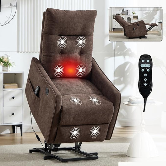Small Power Lift Chair Recliner for Elderly Petite Power Recliner Chair with Massage and Heat | USB | High Back | Push Button | Side Pockets Liviing Room Easy Assembly (Chenille Brown)