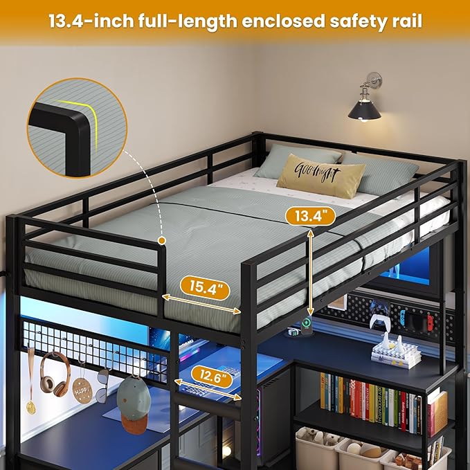 ADORNEVE Twin Size Loft Bed with L-Shaped Gaming Desk Storage Drawers &amp Hutch Expanded Safety Power Outlet Metal Loft Bed Frame with RGB Lights Space Saving for Teens Black