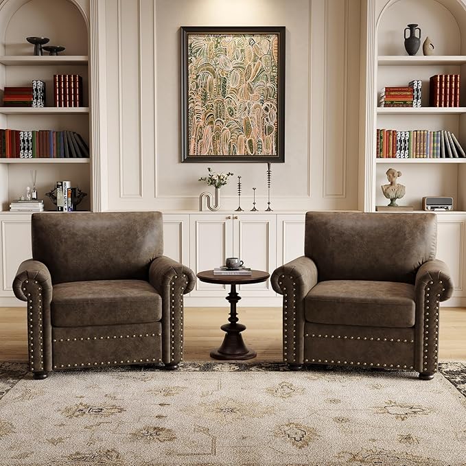 ONBRILL Nailhead Trim Accent Chair Faux Leather Club Chair for Living Room Comfy Armchair with Springs Cushions &amp Solid Wood Legs Traditional Rolled Arms Single Sofa for Bedroom Apartment Bro