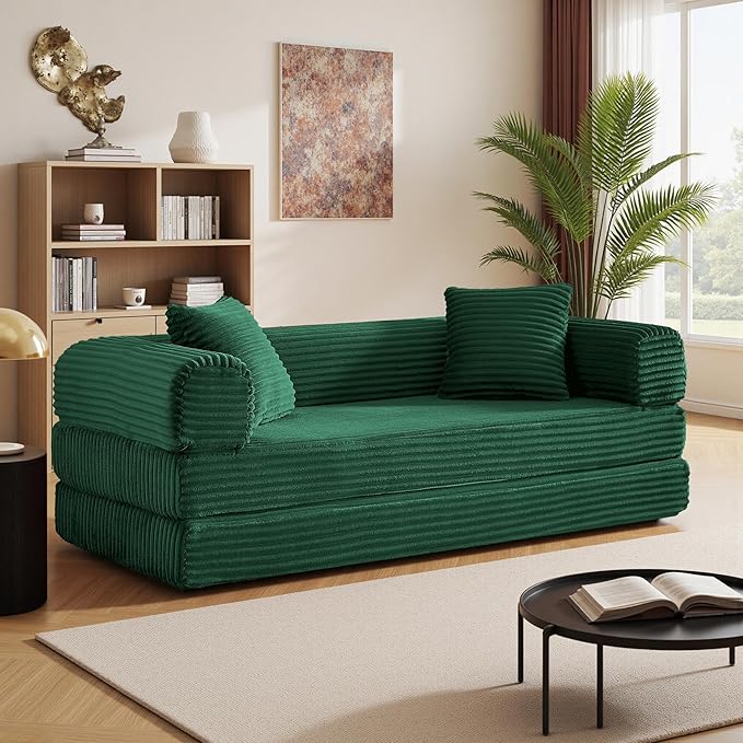 Boneless Couch Versatile Couches for Living Room No-Install Sofa Bed Corduroy Futon Soft Cloud Couch with Pillows for Bedroom Game Movie (Green)