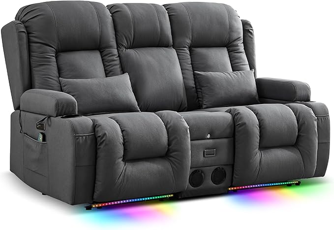TUNYI Power Loveseat Recliner Sofa with Massage &amp Heat Home Theater Seating with Console RV Recliner Loveseat Sofa with USB/Storage/Side Pocket/LED Light/Speaker (Dark Grey Loveseat)