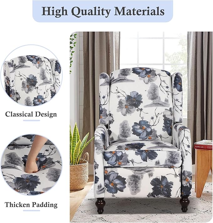 Set of 2 Wingback Recliner Chair - Tufted Arm Chair Recliner - Fabric Push Back Single Sofa for Living Room Adjustable Backrest (Blue Floral)