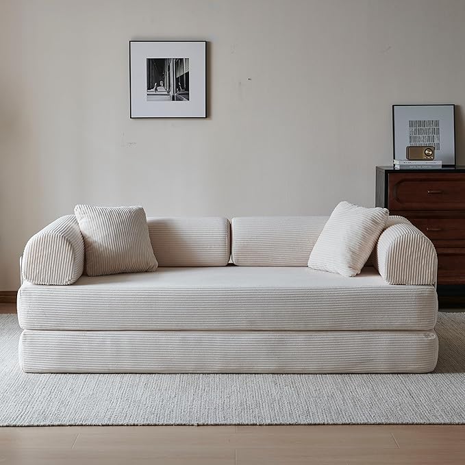79 Convertible Sleeper Sofa Bed Modern Corduroy Floor Couch Bed with Fixed-Shape Frame Modular Sofa Couch with Pull Out Bed Boneless Loveseat Sleeper Couches for Living Room Beige