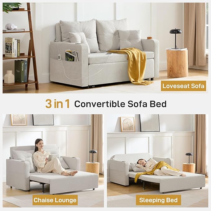 Convertible Sleeper Sofa Bed 56 Loveseat Sleeper Sofa with Pull Out Couch Bed Full Size Storage Pocket USB Port Comfy Small Couches for Living Room Bedroom Apartment Beige