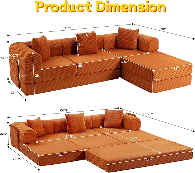 106.3 L Shape Convertible Sleeper Sofa Bed Oversized Modular Sectional Cloud Sofa with Fixed-Shape Frame &amp Storage Pocket Boneless Couch for Living Room No Assembly Required Orange