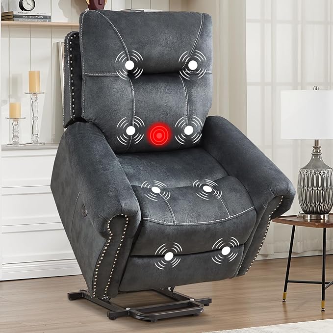 CANMOV Power Lift Recliner Chair with Massage and Heat Soft Fabric Massage Recliner for Elderly Overstuffed Single Reclining Sofa Vintage Rivet Mid-Century Design for Living Room Grey