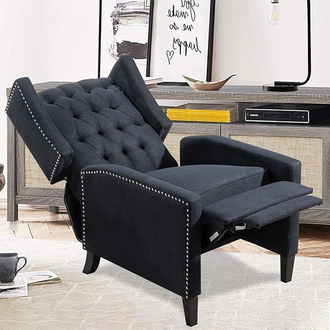 Black Mid Century Modern Recliner Wingback Accent Chair with Push Back Mechanism Button Tufted Fabric Sofa &amp Nailhead Trim - Comfy Living Room Seating for Home Theater Office