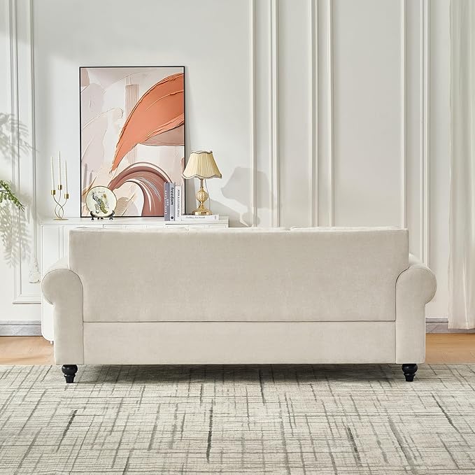 TTK 86 Modern 3-Seater Sofa with Rolled Arms Chenille Upholstered Couch with Sturdy Wood Legs and Elegant Nailhead Trim Comfortable Living Room or Apartment Sofa for Small and Large Spaces Beige
