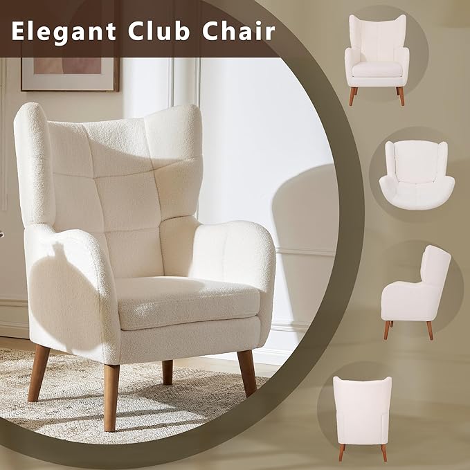 Mid-Century Accent Chair Ivory White Modern Retro Club Chair Birch Frame Upholstered Teddy Wool Fabric Single Sofa Armchair for Small Spaces Living Room Bedroom Reading Corner BalconyOffice