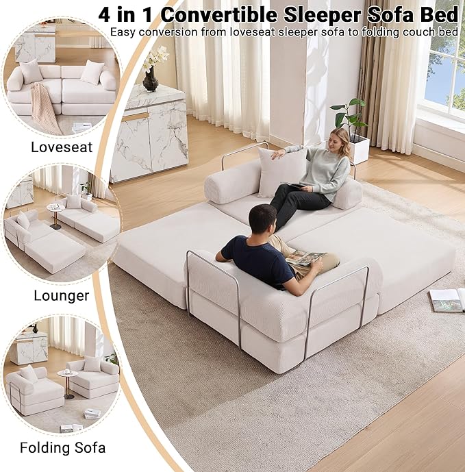 73 Convertible Sleeper Sofa Bed Corduroy Boneless Couch in a Box 4-in-1 Folding Mattress Loveseat Couch Comfy Modular Foldable Floor Sleeper Sofa with 2 Pillows and Fixed-Shape Frame (Beige 73)