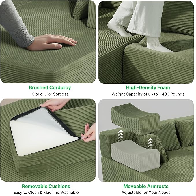 106 Cloud Sectional Couch with L-Shaped Chaise Modular Sectional Sofa with Deep Seat and Removable Armrests Comfy Corduroy Boneless Couches for Living Room No Assembly Required Green