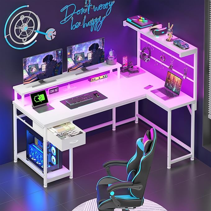 EnHomee 53 L Shaped Gaming Desk with Monitor with Hutch &amp Monitor Stand Office Desk with Drawers &ampHooks Computer Desk with LED Light &ampPower OutletHome Office Writing Desk White