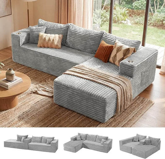 ELUCHANG Oversized 108” Boneless Couch Comfy Cloud Modular Sectional Sofa L-Shape Sofa with Chaise Memory Foam Upholstered Couch for Living Room Bedroom No Assembly Required Corduroy Grey