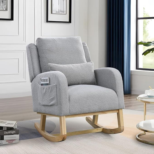Rocking Glider Chair for Nursery Wingback Accent Rocker Chair Upholstered Tall Back Arm Chair w/Side Pockets Modern Leisure Single Sofa for Living Room Hotel Bedroom Baby Room Grey