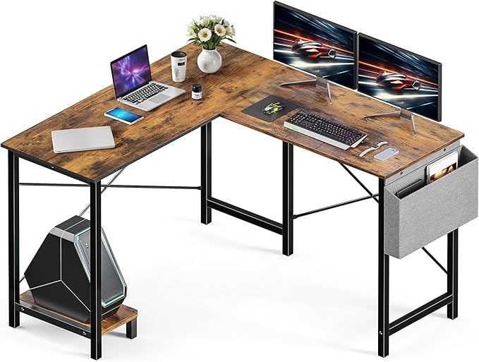 50-Inch Rustic L-Shaped Wooden Tabletop Home Office Desk with Reversible Corner and Metal Frame Including Main Stand and Side Pocket for Gaming Working and Studying