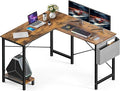 50-Inch Rustic L-Shaped Wooden Tabletop Home Office Desk with Reversible Corner and Metal Frame Including Main Stand and Side Pocket for Gaming Working and Studying