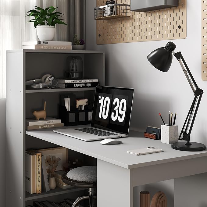 HOMCOM Modern Home Office Desk with 6-Tier Storage Shelves 47 Writing Desk with Bookshelf Gray