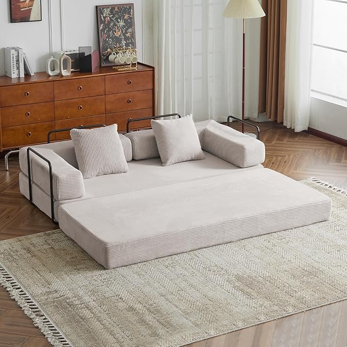 Folding Sofa Bed Modular Sectional Cloud Couch Convertible Sleeper Sofa Bed with Pillow Back Support Armrest for Living Room Bedroom Lounge No Assembly Required Corduroy (Beige)