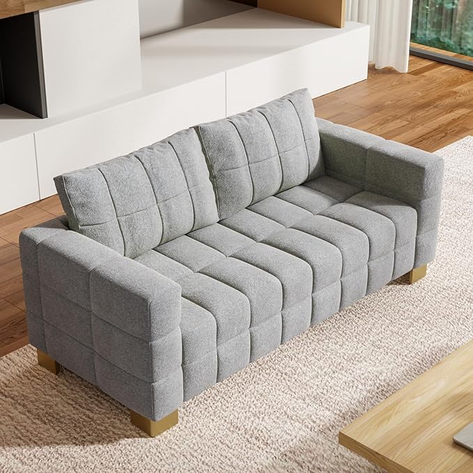 81.89 Sofa Comfy 3 Seat Sofa Tufted Chenille Upholstered Sofa Couch for Living Room with Gold Metal Legs and 2 Throw Pillows (Grey（3+3）)