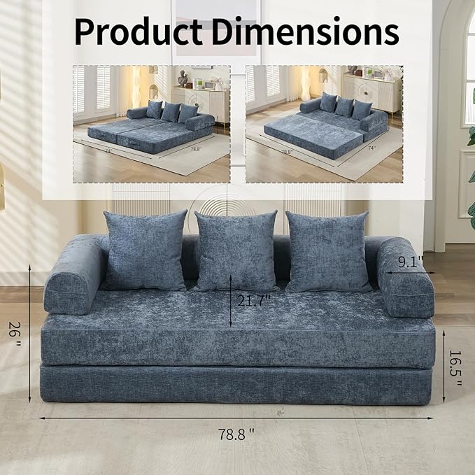 Convertible Sofa Bed 4-in-1 Floor Foldable Couch Bed with Armrests &amp Pillow Chenille Fabric No Assembly Required Comfy Memory Foam Couch Lounge Sofa for Living Room Light Blue