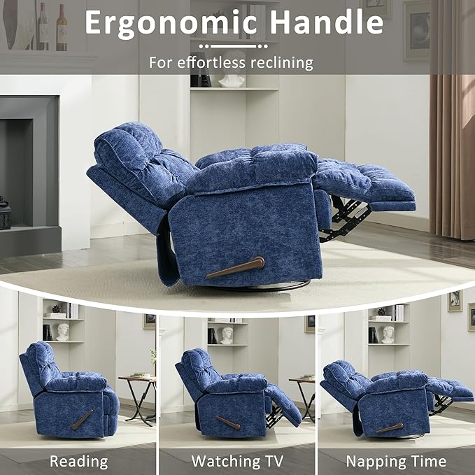 Oversized Recliner Chair Overstuffed Swivel Rocker with Extra Wide Seat &amp Breathable Fabric for Living Room (Manual Blue)