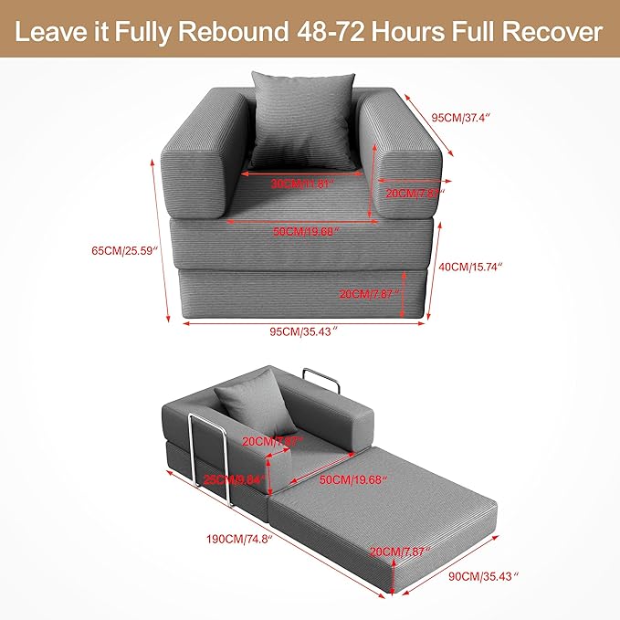 2-in-1 Floor Foldable Sofa Couch Convertible Sleeper Chaise Lounge Chair Indoor Portable Fold Out Futon Mattress with Back Support for Living RoomBedroom (Gray 35.43 Single Sofa)