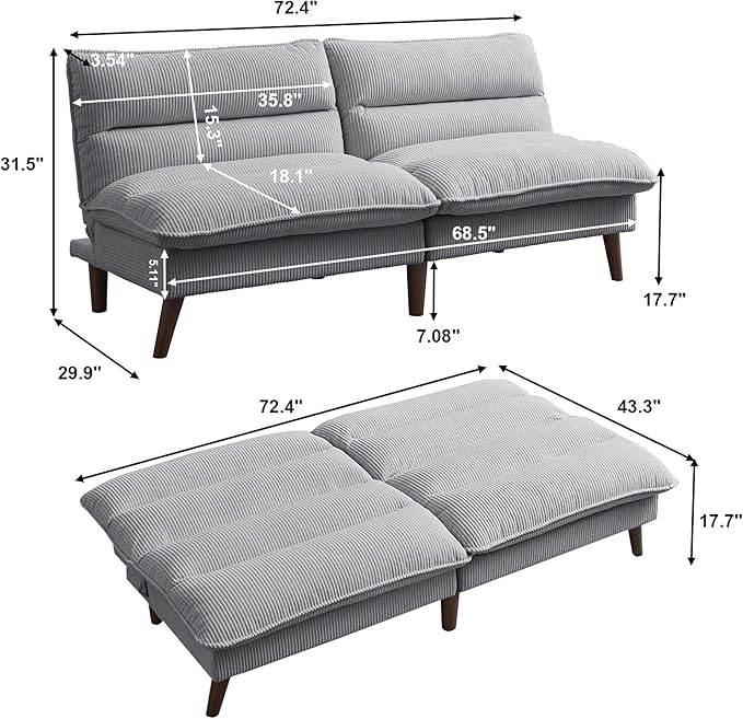 Convertible Futon Sofa Bed Modern Folding Futon Couch with 3-Level Adjustable Backrest Sleeper Loveseat Sofa Recliner Couch for Living Room Apartment Light Grey