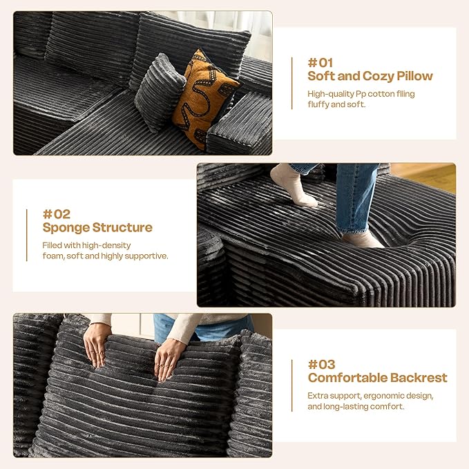 96 LShaped Modular Sectional Sofa Couch - Comfy Upholstered Cloud Couches for Living Room - Modern Minimalist CouchDeep SeatNo Assembly Required (GrayPlush Corduroy Right Facing Chaise) | No Asse
