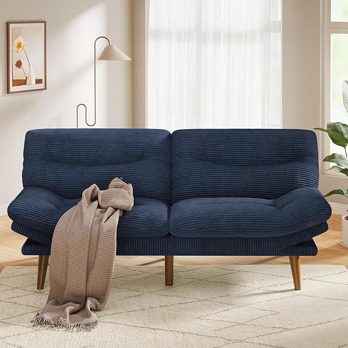Pipishell Futon Sofa Bed Modern 66 Futon Couch Convertible to Bed &amp Lounger Compact Size Corduroy Loveseat Durable Construction - Fits Small Spaces ApartmentsStudy Room (Sky Blue 66 Inch)
