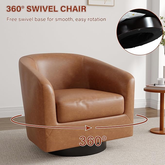 Lumibee Faux Leather Swivel Barrel Chairs Upholstered Comfy Round Swivel Accent Chair 360° Rotation Single Sofa Club Armchair for Living Room Reading Room Bedroom Brown