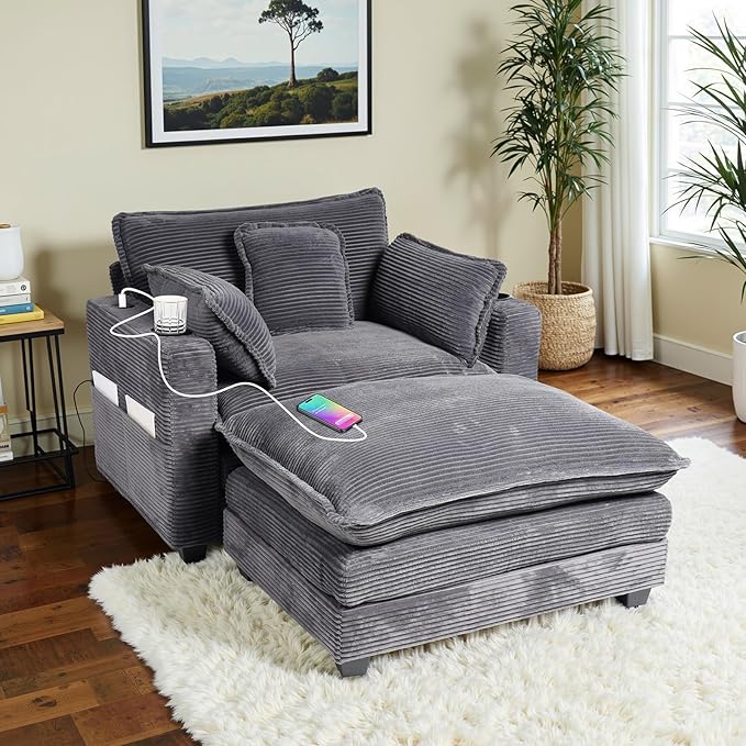Oversized Chair with OttomanOversize Chaise LoungeReading Boneless Sofa BedChaise Lounge Chair Indoor with Side PocketSleeper Couch with USB&ampCup HolderCorduroy Sofa Couch for Living Room (Gre