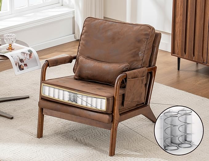 Mid Century Modern Chair Set of 2 Upholstered Lounge Arm Chair with Solid Wood Frame Comfy Accent Chair for Living Room Bedroom Reading Reception Brown