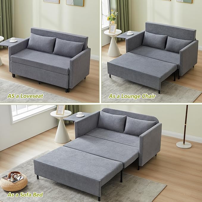 3-in-1 Sleeper Sofa Bed 51'' Convertible Folding Couch with Pullout Bed Chenille Futon Sleeper Sofa with Side Table and 2 Pillows Modern Loveseat Couch for Living Room Bedroom Home Office (Grey)