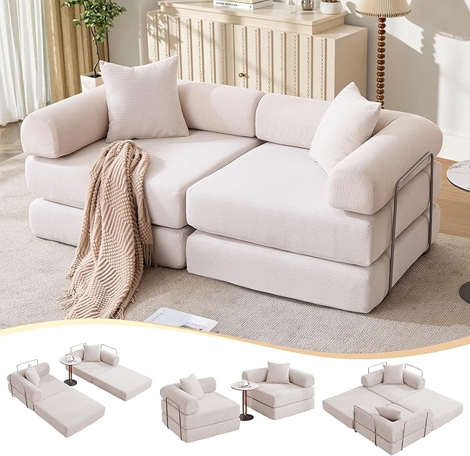 73 Convertible Sleeper Sofa Bed Corduroy Boneless Couch in a Box 4-in-1 Folding Mattress Loveseat Couch Comfy Modular Foldable Floor Sleeper Sofa with 2 Pillows and Fixed-Shape Frame (Beige 73)