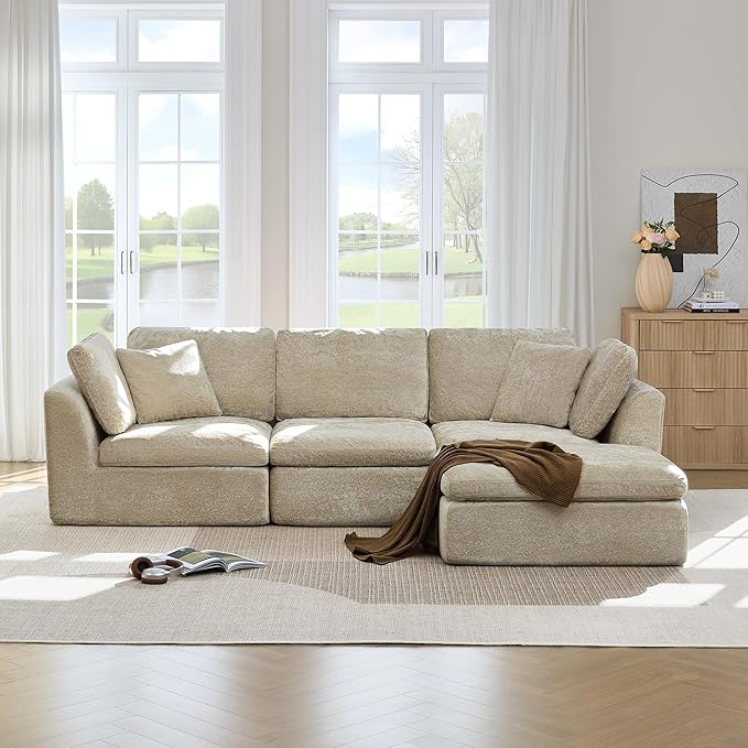 CHITA 108 Cloud Sectional Couches for Living Room Boneless L-Shape Sofa with Ottoman 3 Seater Modular Sectional Sofa Brownish Gray