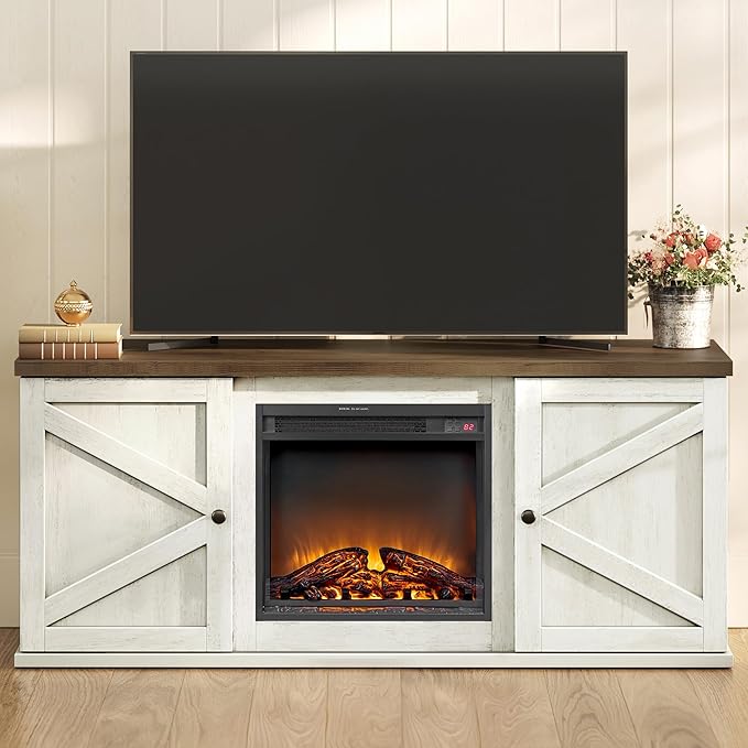 VASAGLE Fireplace TV Stand for TVs up to 65 Inches 18-Inch ELectric Fireplace with Remote Farmhouse Entertainment Center Media Console Table for Living Room Rustic White and Honey Brown ULTV540W01