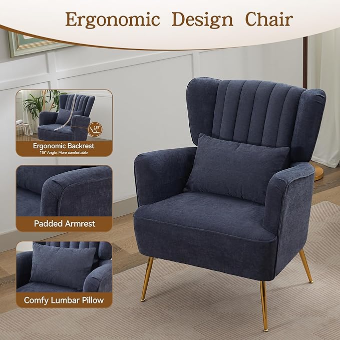 Fabric Accent Living Room Arm Chair Set of 2 Mid Century Modern Chairs with Pillow &amp Golden Legs 8.5 Thick Cushion Upholstered Comfy Sofa Armchair for Reading Room/Bedroom Navy