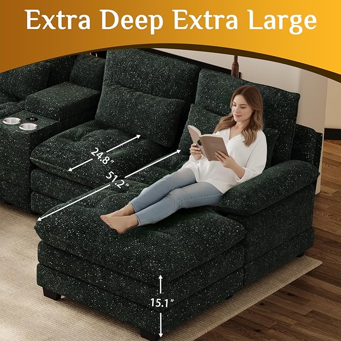 134 Oversized Green Sectional Couches for Living Room with Glitter Fabric Fluffy Couch with Chaise Lounge&ampTufted Buttons U Shaped Sofa Set Chenille 6 Seater Couch with 2 Ottoman &amp Storage