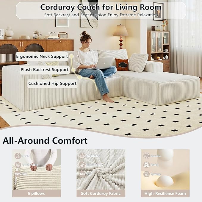 95 Cloud Sectional Couch with L-Shape Chaise Modular Comfy Sofa Chaise Longue Upholstered Corduroy Couches Sleeper with Deep Seat for Living Room Bedroom No Assembly Required(White Right Facing)