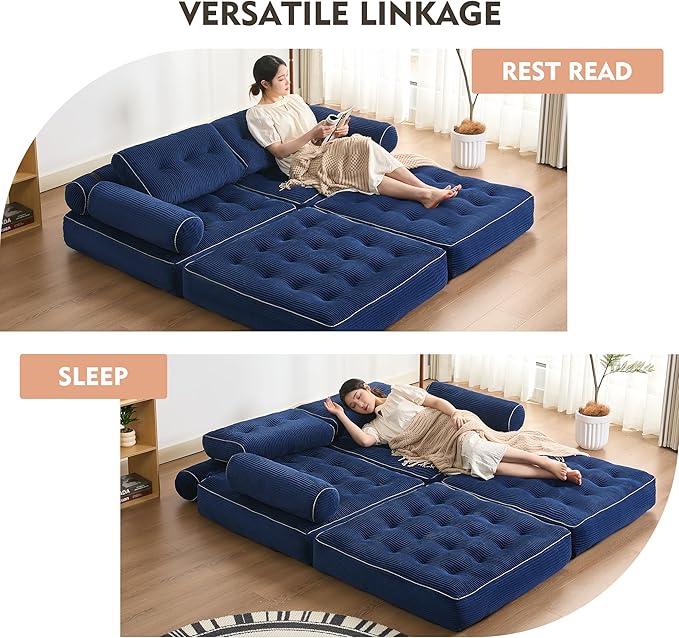 Plus Futon Sofa Bed for Small Spaces Floor Couch with Armrest Folding Sofa Couch Convertible Sleeper Chair Bed with Pillow Portable Comfy Floor Lounge for Living Room and Bedroom Blue
