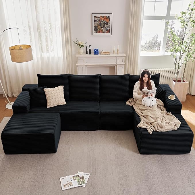 135.4 Modular Sectional Sofa with Ottoman Modern Corduroy Cloud Couch with Deep Seat Boneless Couch Upholstered 4-Seater U-Shaped Sofa for Living Room No Assembly (Black Right-Facing Chaise)