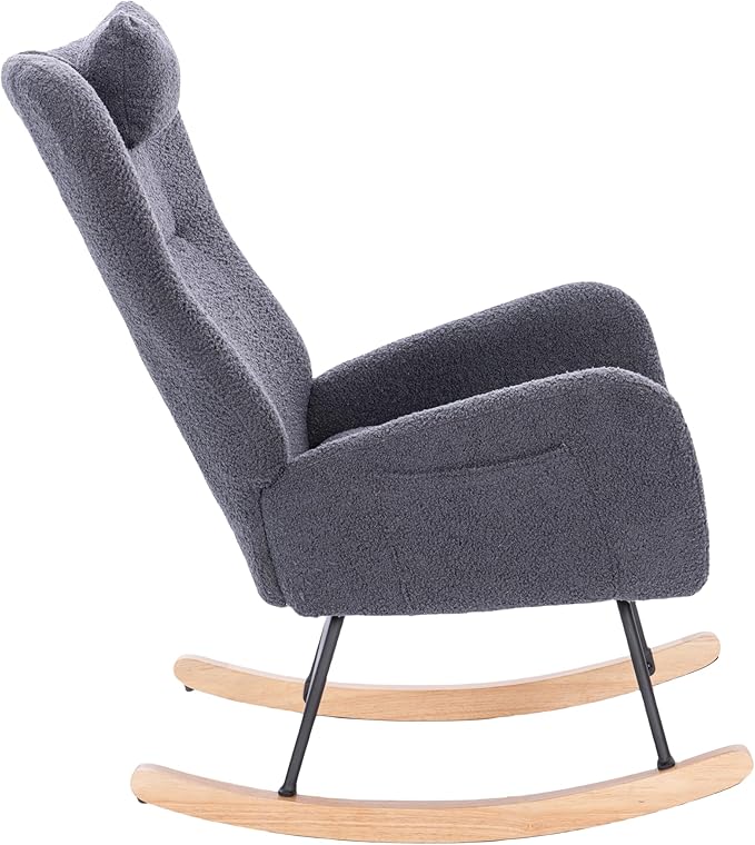Modern Teddy Upholstered Nursery Rocking Chair for Living Room Bedroom(Dark Grey Teddy)